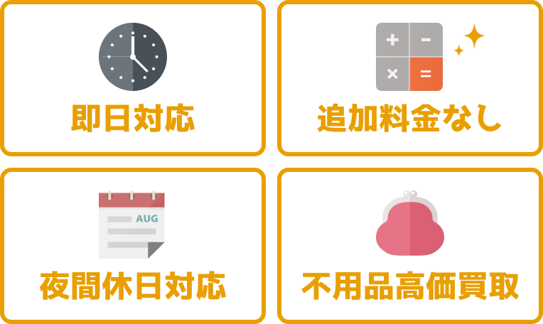 即日対応・追加料金なし。夜間休日対応・不用品高価買い取り